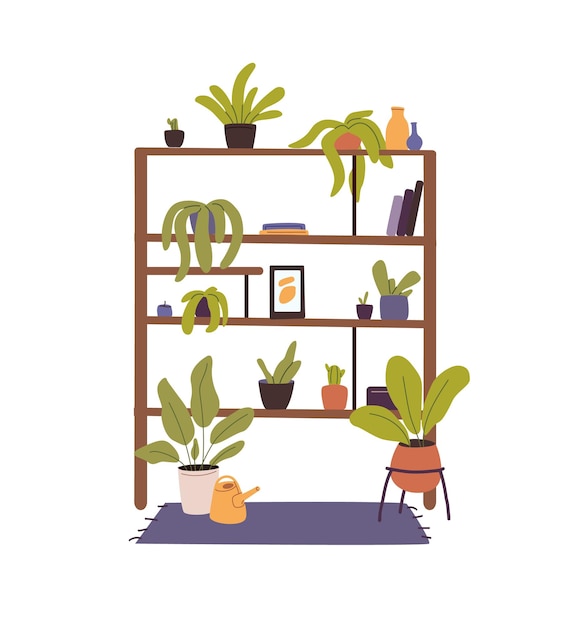 Diferentes plantas de interior en estantes florales de madera Flores que crecen en ollas plantas en ollas de flores Decoración verde para la casa Planta de jardín de casa Ilustración vectorial aislada plana sobre fondo blanco