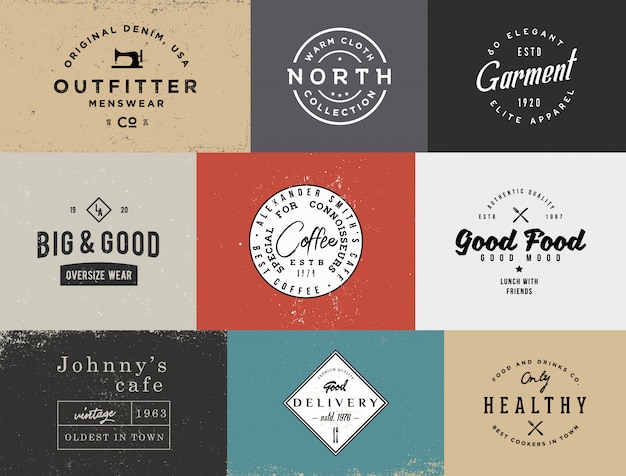 Diferentes plantillas de logotipo vintage con diferentes fondos de colores. Plantillas de stock retro para proyectos de marca.