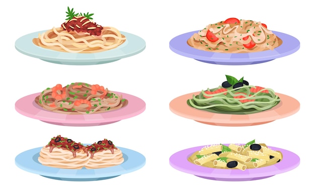 Vector diferentes platos de pasta servidos en platos planos conjunto vectorial