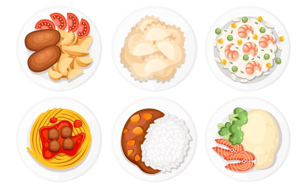 Diferentes platos en los platos. comida tradicional de todo el mundo. iconos para logotipos y etiquetas de menú. ilustración plana aislada sobre fondo blanco.