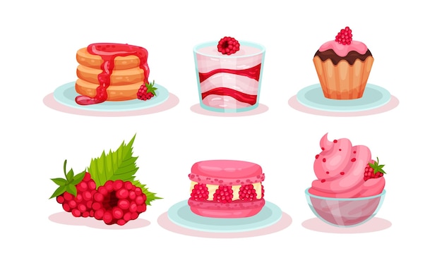 Diferentes postres y pasteles con frambuesas dulces maduras como panqueques con jarabe de arce yogur o mousse pastel de macarrón y frambuesas frescas Para decoración de menús libros de cocina