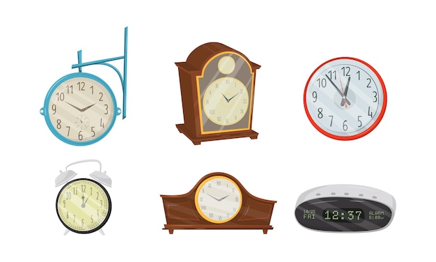 Diferentes relojes vectoriales aislados en un fondo blanco Colección Digital Time Keeper