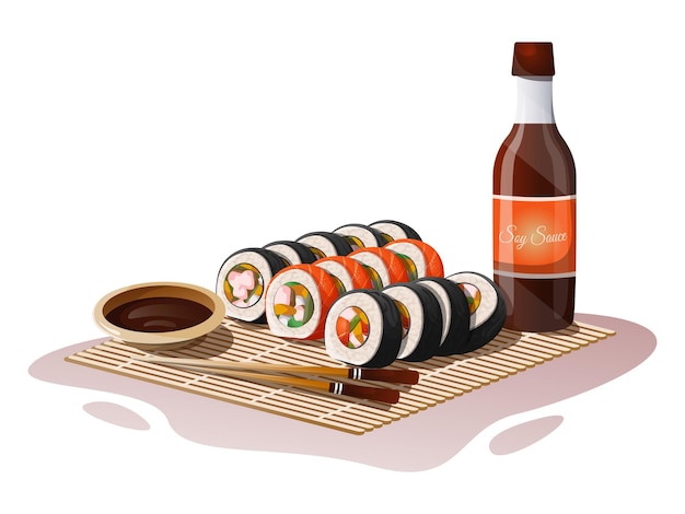 Diferentes rollos de sushi asiáticos con botella y plato con salsa de soja