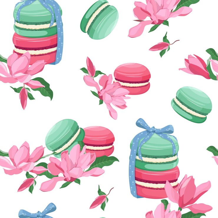 Vector diferentes sabores y colores macarrones atados con un lazo y flores de magnolia