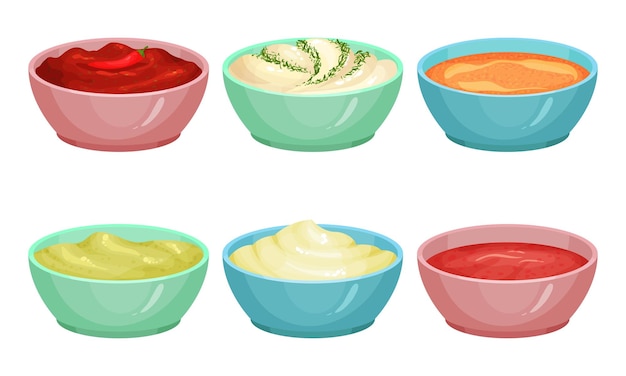 Diferentes salsas vector conjunto tratamiento picante en cuencos