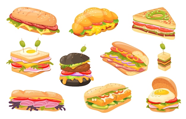 Diferentes sándwiches sándwich y hamburguesas colección pan rollos panini ingredientes de comida rápida queso carne verdura sabroso desayuno