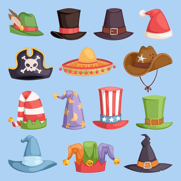 Vector diferentes sombreros divertidos para fiesta y fiesta de disfraces.