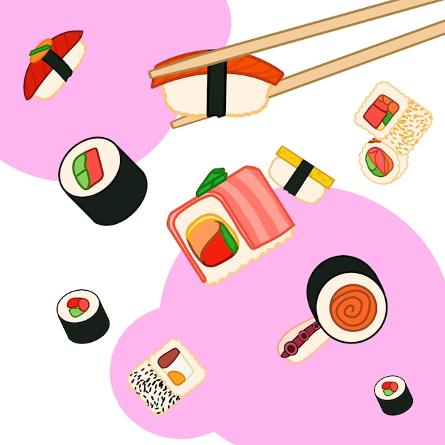 Diferentes sushi y rollos levitando en el aire Elemento de diseño para el menú de etiquetas de carteles Ilustración vectorial