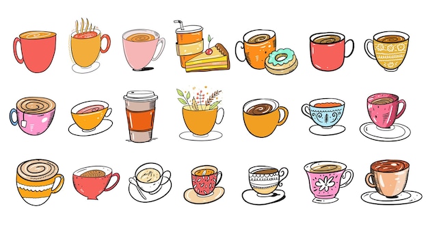 Diferentes tazas de colores y tazas para café y tes. Estilo de dibujos animados. Aislado sobre fondo blanco.