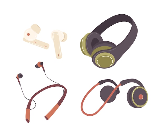Diferentes tipos de auriculares inalámbricos auriculares auriculares aislados en un fondo blanco