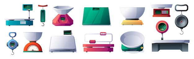 Diferentes tipos de básculas Medición de básculas de cocina para pesar instrumentos de báscula masiva para la igualdad de precios de grasa corporal y el concepto de justicia Conjunto de vectores Equipo para medir el peso