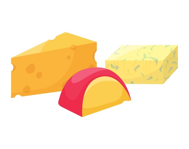 Diferentes tipos de bloques de queso y una rebanada de queso queso cheddar suizo y gouda de dibujos animados
