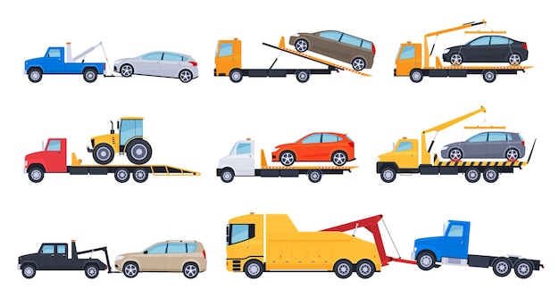 Diferentes tipos de camiones de remolque con automóviles Estacionamiento inadecuado de automóviles y evacuación al área de penalización Ilustración vectorial