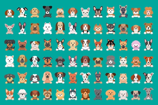 Diferentes tipos de caras de perro de dibujos animados vector