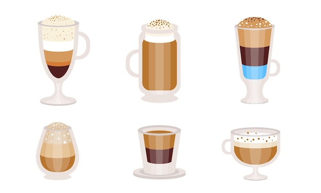 Diferentes tipos de cócteles de café con leche Ilustración vectorial