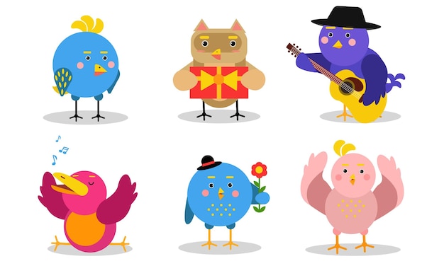 Diferentes tipos y colores de pájaros bebés pequeño gallo cuervo pingüino búho y otros en varias acciones ilustraciones vectoriales conjunto personaje de dibujos animados aislado sobre fondo blanco