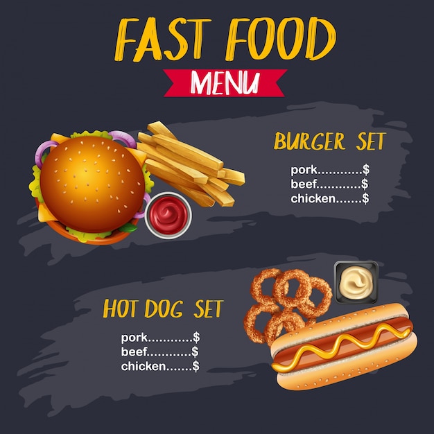 Vector diferentes tipos de comida rápida en el menú