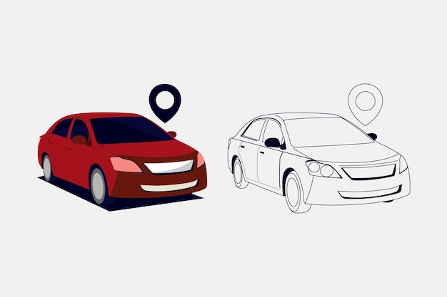 Diferentes tipos de conjuntos de iconos de coches. vista lateral de un coche sedán. barra de iconos de ubicación.