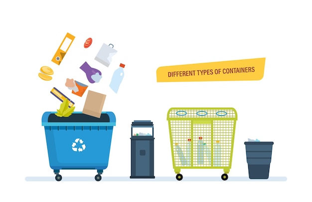 Diferentes tipos de contenedores para residuos de alimentos, productos de papel, residuos plásticos.