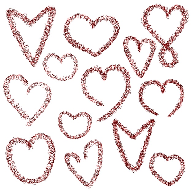 Vector diferentes tipos de corazones hechos con líneas revueltas