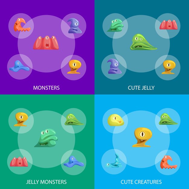 Diferentes tipos Cute Jelly Monsters Personajes Emociones Banner Set Ilustración vectorial de Funny Friendly Monster