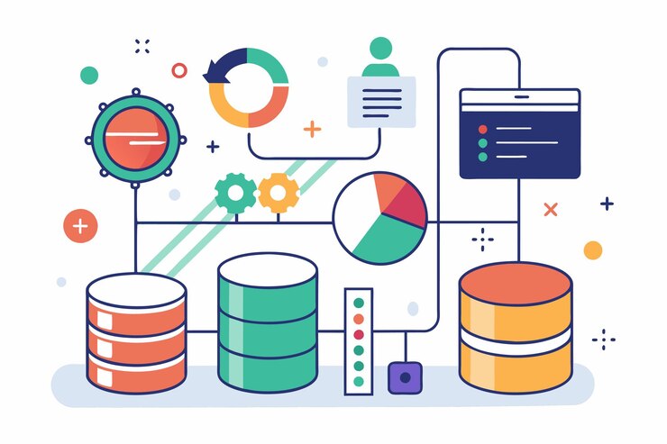 Vector diferentes tipos de datos representados en una forma visual que muestra tendencias, patrones y relaciones análisis de datos y gestión de bases de datos ilustración vectorial plana simple y minimalista