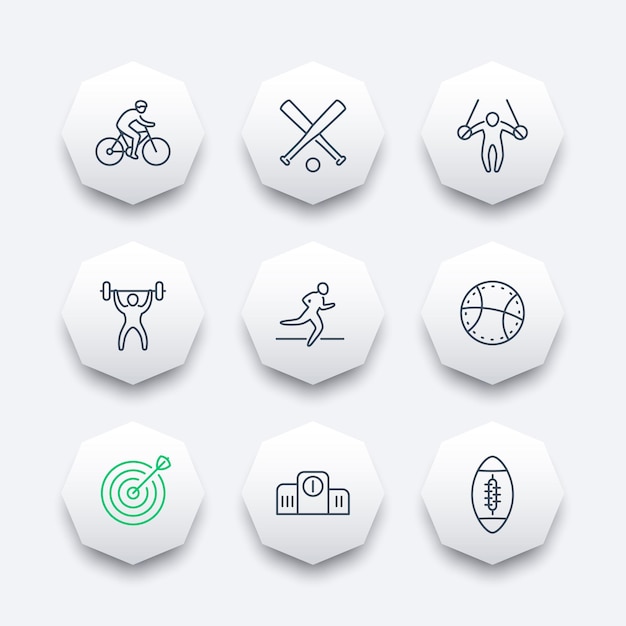 Diferentes tipos de deportes, iconos de octágono de línea, ilustración vectorial