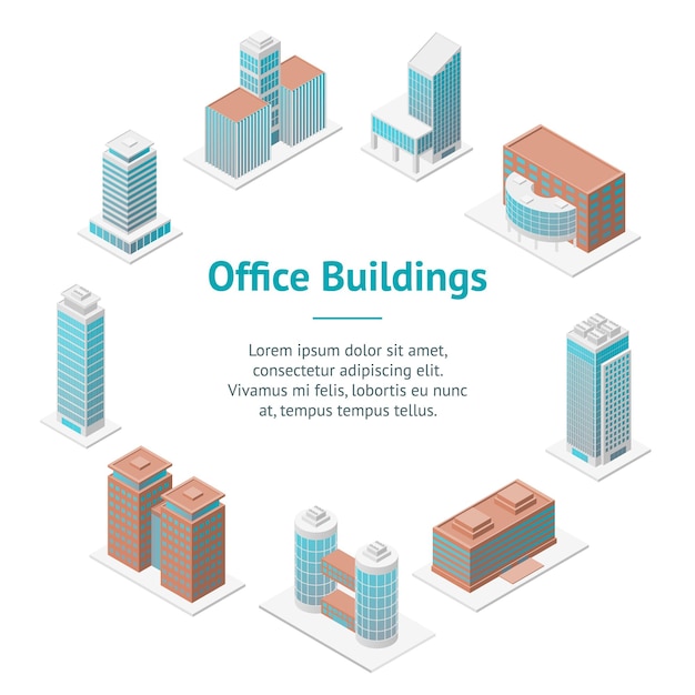 Diferentes tipos de edificios de oficinas 3d banner card circle vista isométrica exterior moderno ilustración vectorial de la arquitectura pública en la ciudad