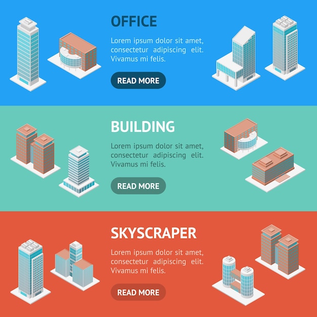 Diferentes tipos de edificios de oficinas Banner 3d Conjunto horizontal Vista isométrica Exterior moderno Ilustración vectorial de la arquitectura pública en la ciudad