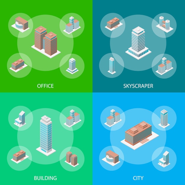 Diferentes tipos de edificios de oficinas Conjunto de pancartas 3d Vista isométrica Exterior moderno Ilustración vectorial de la arquitectura pública en la ciudad