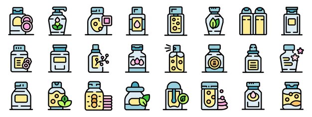 Diferentes tipos de envases de productos de belleza que contienen ingredientes naturales se presentan en este conjunto de iconos