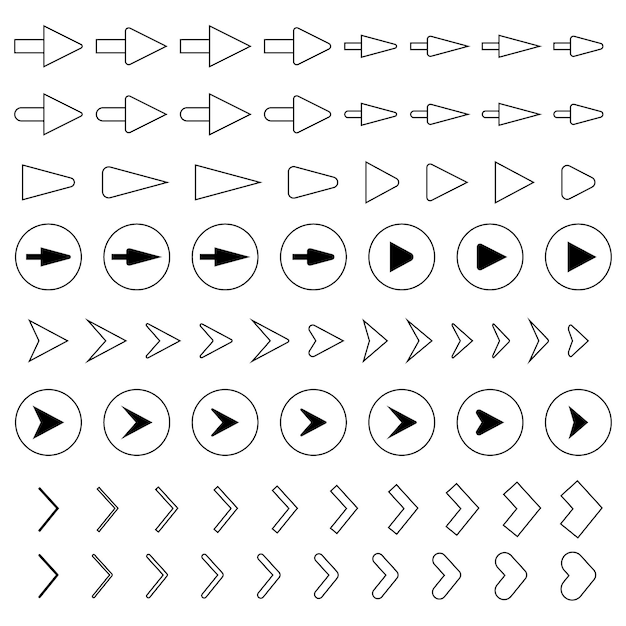 Vector diferentes tipos de flechas hechas con líneas negras apuntando a la derecha