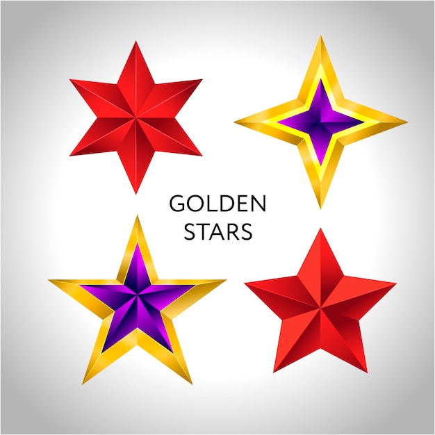 Diferentes tipos y formas de estrellas doradas. Ilustración para el diseño sobre fondo blanco.