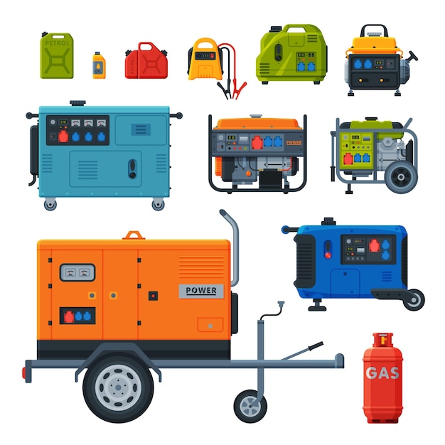 Diferentes tipos de generadores de energía industriales Conjunto de cilindros de gas propano Ilustración vectorial de latas de combustible