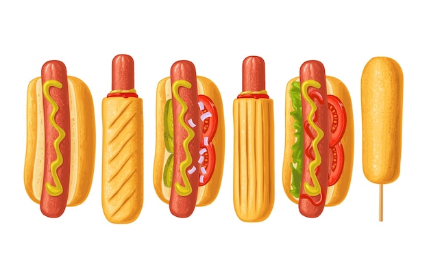 Diferentes tipos de hotdog y icono de corndog aislados en blanco