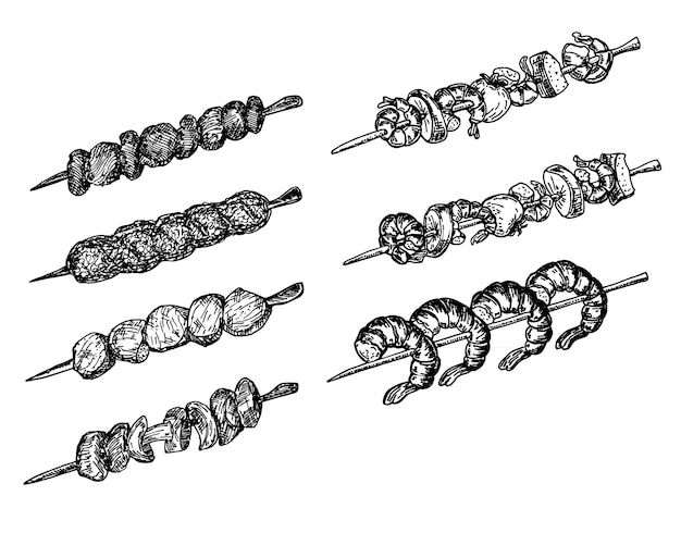 Vector diferentes tipos de kebab en un pinchazo conjunto de salchichas esbozo de comida de barbacoa kebab de carne avícola lula kebab hongo kebab camarón en un pinzón