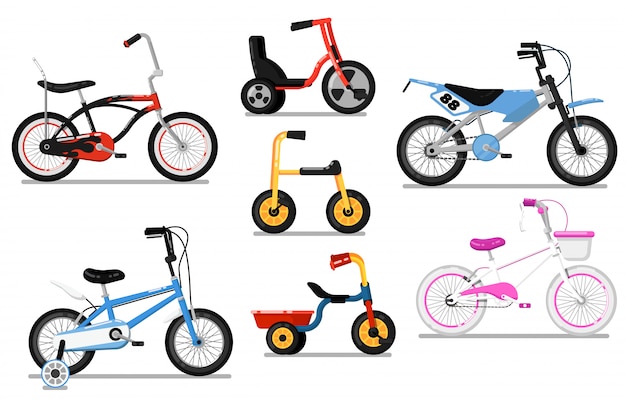 Diferentes tipos niños bicicleta conjunto de vectores aislados