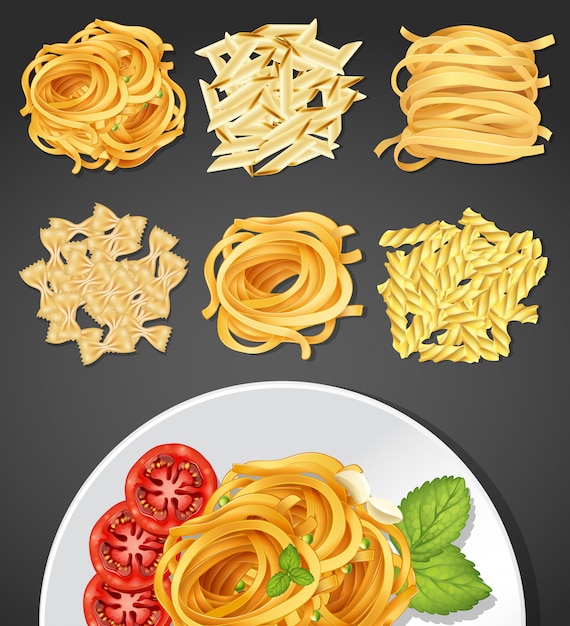 Vector diferentes tipos de pasta y plato de pasta