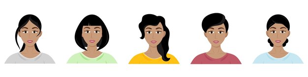 Diferentes tipos de peinados de mujeres. Conjunto de hermosas jóvenes afroamericanas con diferentes peinados. Estilo de dibujos animados de vector