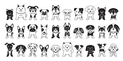 Vector diferentes tipos de perros de color negro de dibujos animados vectoriales sobre fondo blanco para el diseño.