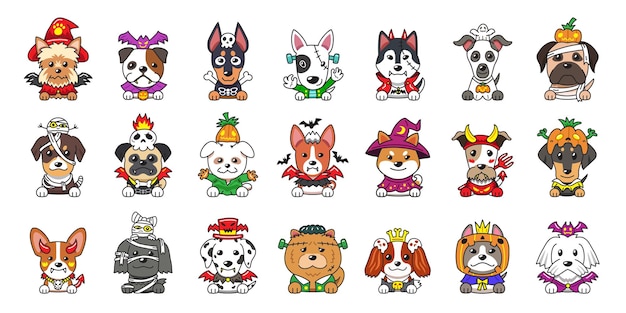 Vector diferentes tipos de perros de dibujos animados vectoriales con disfraces de halloween