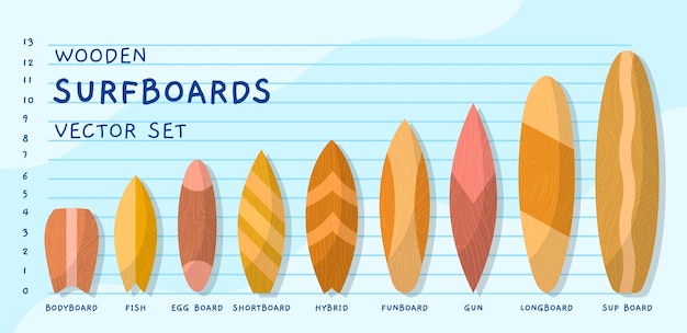 Vector diferentes tipos de tablas de surf de madera plana deportes acuáticos verano océano hobie diseccionar olas tablas de mar varias formas y longitudes conjunto de vectores