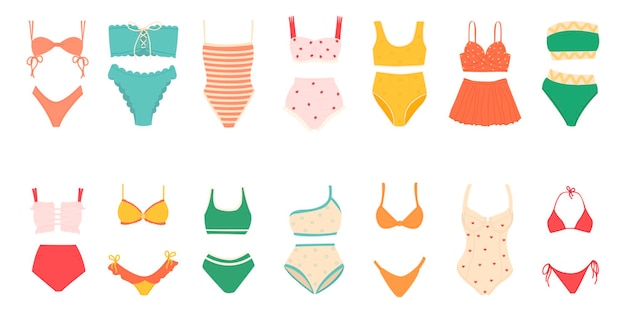 Diferentes tipos de trajes de baño coloridos Gran conjunto de verano de imágenes vectoriales dibujadas a mano de ropa interior Colección de elementos de scrapbooking para una fiesta en la playa Todos los elementos están aislados