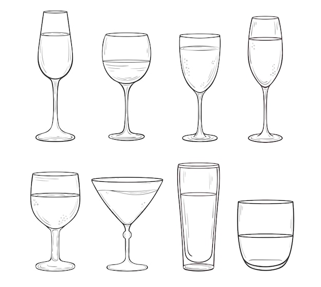 Diferentes vasos para bebidas alcohólicas whisky shot vino rojo margarita para las páginas de colorear el menú