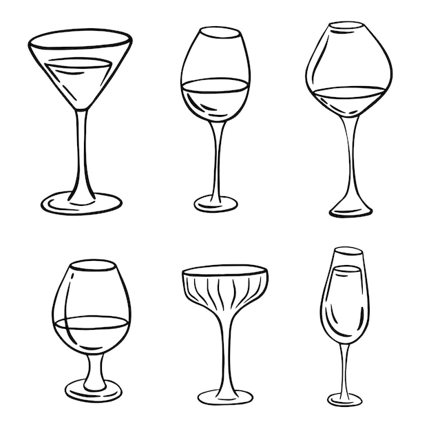 Diferentes vasos dibujan a mano arte lineal Vino champán coñac y otras bebidas Iconos de bebidas