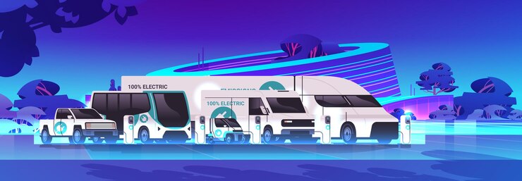 Vector diferentes vehículos de batería de carga de transporte eléctrico en la recarga de la estación de energía gestión de ev concepto de transporte sostenible ilustración de vector horizontal de fondo de paisaje urbano