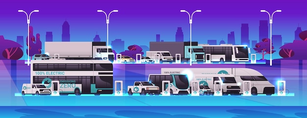 diferentes vehículos de batería de carga de transporte eléctrico en la recarga de la estación de energía gestión de EV concepto de transporte sostenible ilustración de vector horizontal de fondo de paisaje urbano