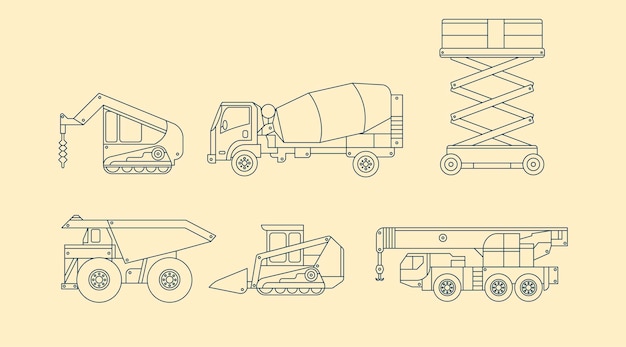 Diferentes vehículos industriales en diseño de esquema.