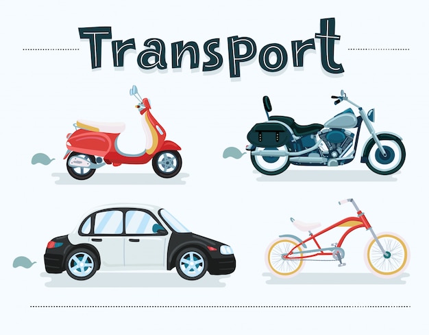 Diferentes vehículos de transporte ambientados en diferentes paisajes, ciudad, naturaleza. Con dos tipos de bicicletas, furgoneta, coche, motocicleta, scooter, ilustración.