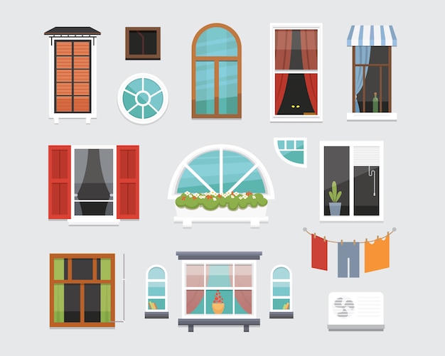 Vector diferentes ventanas interiores de varias formas de ilustración. diseño de arquitectura vista exterior o exterior, edificio y tema del hogar